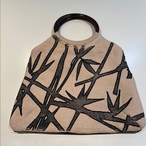 Elegant Tan and Black Bamboo Pattern Bag with Wooden Handles